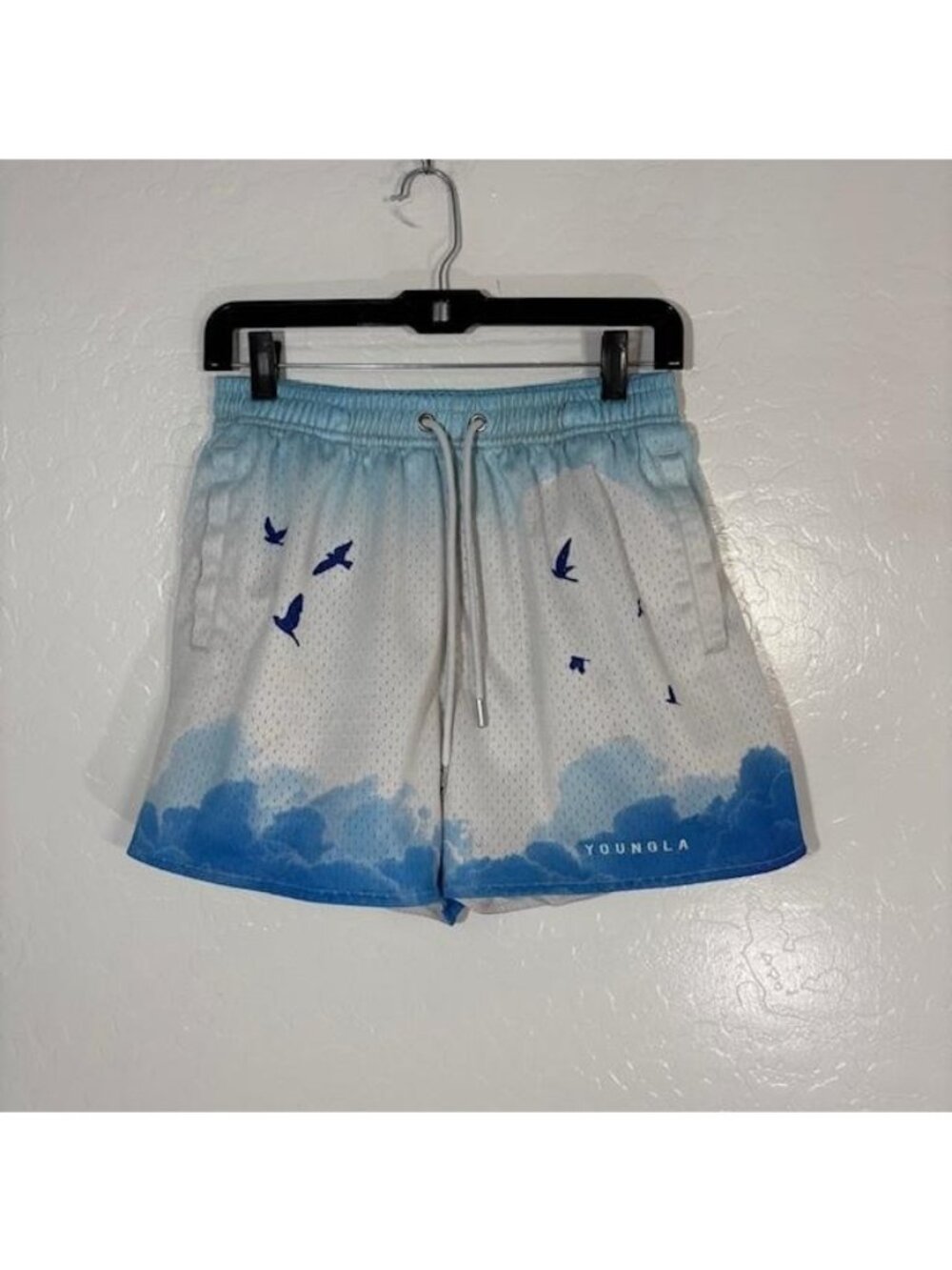 YoungLA White and Light Blue Cloud & Bird Mesh Shorts